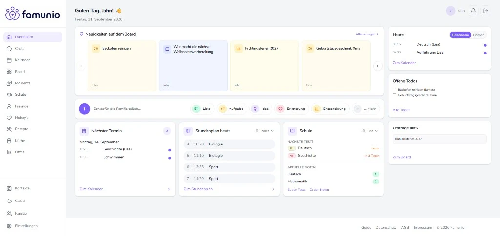 Dashboard do Famunio com novidades do Board, calendário, escola e hoje